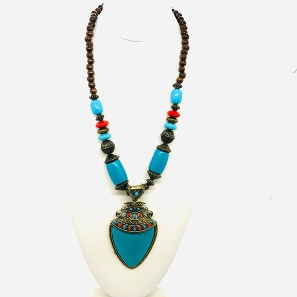Summer Bohemian Statement Turquoise Wood Necklace - Picture 8 of 16